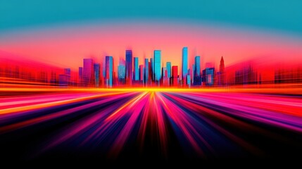 Poster - Vibrant Urban Skyline with Motion Blur Effect at Sunset