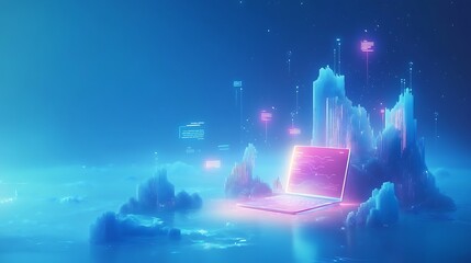 Wall Mural - Futuristic Laptop with Neon Lights and Data Patterns, Futuristic digital illustration of a laptop with glowing neon lights and abstract data patterns