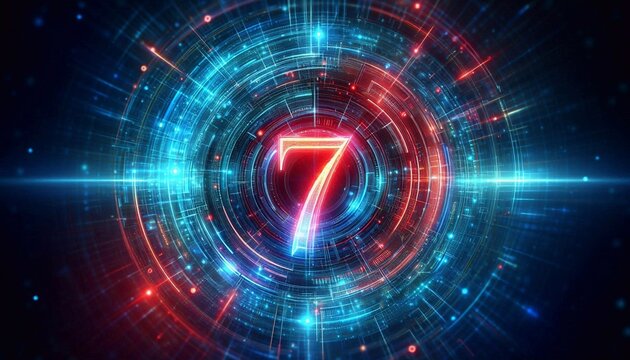 Glowing futuristic blue and red digital number 7 on abstract background. Concept of luck, big win and jackpot in casino