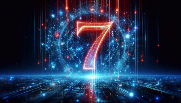 Glowing futuristic blue and red digital number 7 on abstract background. Concept of luck, big win and jackpot in casino