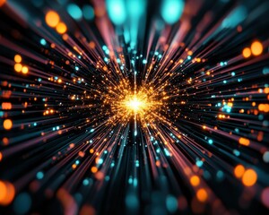 Aufkleber - Vibrant Explosion of Light Rays and Colorful Particles in Dark Background
