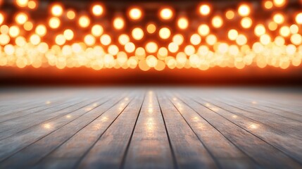 Poster - Warm glow of bright lights illuminating wooden floor in a vibrant setting