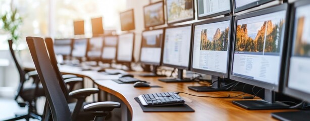 Poster - Modern Office Workspace with Multiple Computer Monitors and Ergonomic Chairs