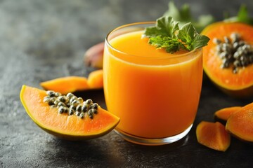 Wall Mural - Fresh orange juice served alongside sliced papayas, perfect for a healthy snack or breakfast