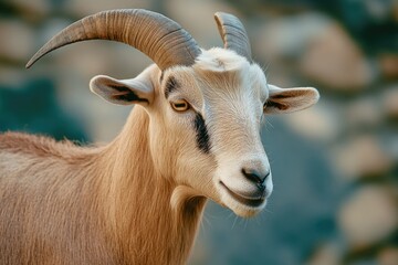 Poster - A close-up shot of a goat with large horns, suitable for use in nature or wildlife related contexts
