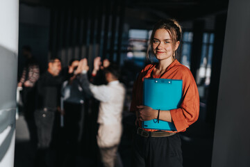 Wall Mural - A confident female business person stands holding a blue clipboard, with colleagues interacting energetically in the background. The image captures teamwork and leadership in a modern office setting.