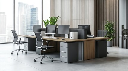 Poster - Modern Office Workspace Featuring Multiple Desks And Computer Monitors