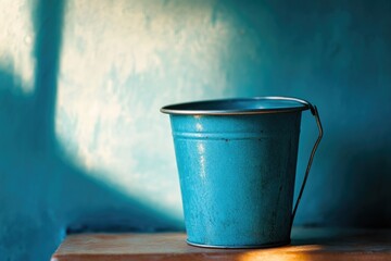 Wall Mural - A small blue bucket sits on a wooden table, perfect for storing small items or as a decorative piece