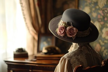 Aufkleber - A woman outdoors with a hat decorated with flowers