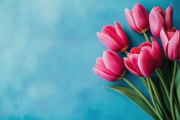Poster - A close-up shot of a bouquet of pink tulips placed on a bright blue background