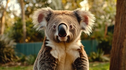 Poster - A close-up view of a koala bear sitting on a tree branch, surrounded by leaves