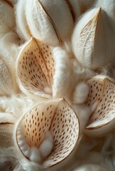 Poster - Close-Up of Natural Textured Seed Pods with Soft White Fibers and Intricate Patterns in Earthy Tones, Showcasing Organic Shapes and Detailed Design Elements