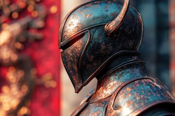 Poster - Close-up view of a helmet resting on the head or pedestal of a statue