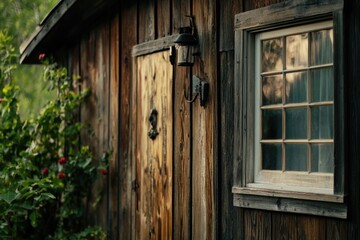 Poster - A small wooden building with a window and door, suitable for outdoor or rustic settings