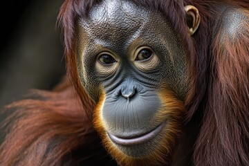 Poster - Close-up shot of an orangutan looking directly at the camera, with a curious expression