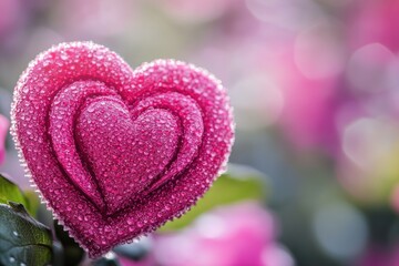 Poster - Close-up of a frosty pink heart-shaped flower with water droplets on its petals