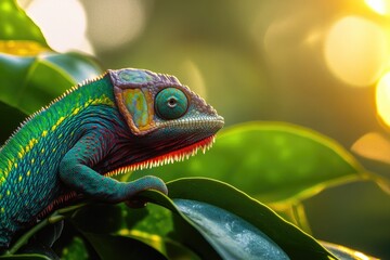 Poster - A colorful chameleon sitting on top of a green leaf, showing its vibrant scales and alert expression
