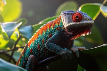 Wall Mural - A colorful chameleon perched on a tree branch, highlighting its unique appearance and natural surroundings