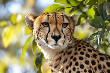 Poster - Close-up shot of a cheetah resting in a tree, one informative phrase and a short advice where may be used this picture