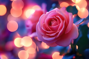 Aufkleber - A close-up view of a pink rose, blurred lights in the background