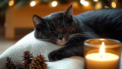 Poster - black and white cat sleeping peacefully on cozy cushion near candle, surrounded by pine cones and warm lights