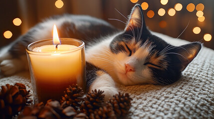 Poster - Sleeping cat beside candle with warm bokeh lights in background. cozy atmosphere creates peaceful and serene scene