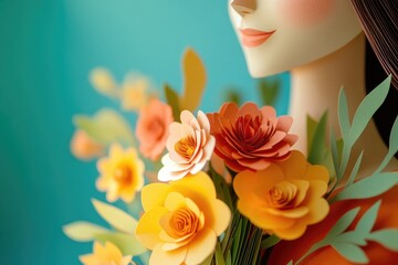Aufkleber - A woman holding a bouquet of colorful paper flowers