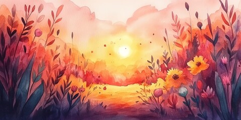 Poster - Watercolor Wildflower Meadow With Sunset Background. Wildflowers, Hand Drawn, Orange and Violet