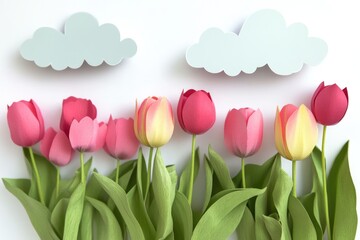 Poster - Pink and yellow tulips against a soft cloudy sky, ideal for spring or nature-themed projects