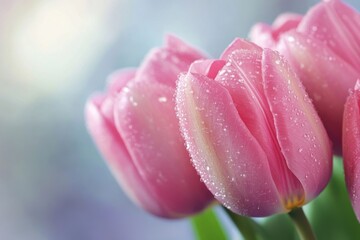 Canvas Print - A close-up shot of pink tulips with water droplets glistening on the petals, great for use in floral designs or as a symbol of love and passion