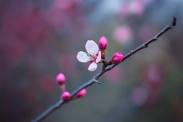 Poster - A single pink flower grows on a branch with a blurred background