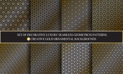 Set of decorative luxury geometric seamless patterns, 8 creative gold ornamental backgrounds.