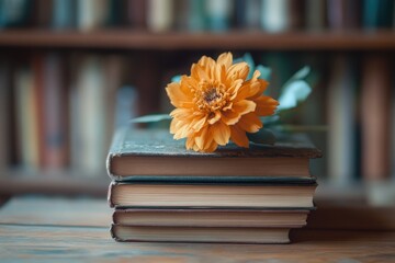 Poster - A single yellow flower sits atop a pile of books, providing a pop of color and simplicity