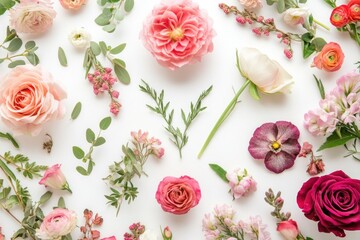 Wall Mural - A selection of colorful flowers arranged on a clean white surface