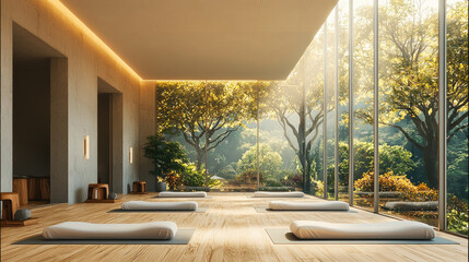Poster - serene and elegant meditation space with natural light, wooden floors, and lush greenery outside
