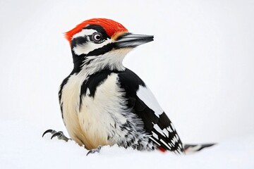 Poster - A black and white bird perches in the snow, its bright red mohawk standing out