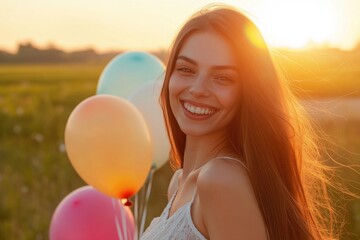 Poster - A young woman holds a bunch of colorful balloons