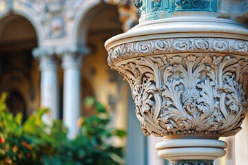 Poster - A close-up view of a pillar with a building visible in the background