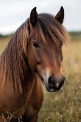 Poster - A brown horse stands proudly on the edge of a lush green field, with the sun shining down