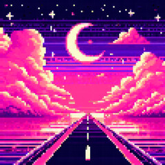 Poster - Retro-style vector illustration featuring a pixel art landscape with a vibrant pink and purple sky, crescent moon, and a road leading into the horizon, evoking a nostalgic, synthwave vibe.