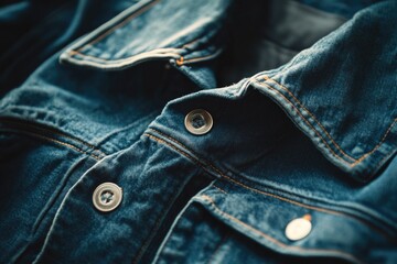 Poster - A close-up view of a blue jean jacket with details on the fabric and stitching