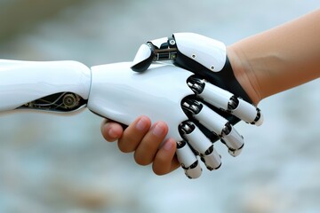 Poster - Human hand shaking hands with an advanced white robotic hand. Concept of artificial intelligence collaboration, human-robot interaction, and future technological cooperation.