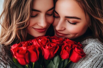 Poster - A heartwarming moment of friendship and love captured in this image of two women embracing and holding red roses