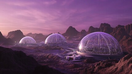 Aufkleber - a glass dome colony built on mars under a violet sky