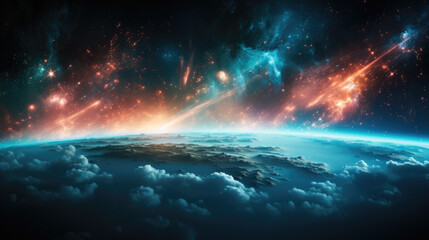 Poster - stunning view of Earth from space, showcasing vibrant colors and cosmic phenomena. atmosphere glows with celestial light and distant stars