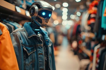 Poster - Humanoid robot dressed in denim jacket standing in fashion retail store. Artificial intelligence integrating into lifestyle industries, reflecting futuristic trends, smart shopping, robotic.