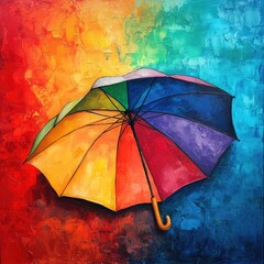 Poster - A vibrant illustration of a colorful umbrella against a bright red and blue backdrop