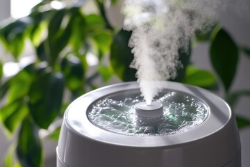 Poster - A close-up view of a humidifier with visible steam emission, suitable for use in presentations about health and wellness