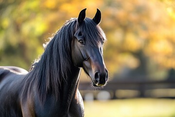 Poster - A black horse stands in a green field surrounded by tall trees, perfect for rural or countryside themed images