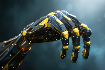 Poster - Futuristic robotic hand with intricate mechanical joints and glowing details, symbolizing advanced artificial intelligence, automation, cybernetics, and the evolution of robotics in technology.